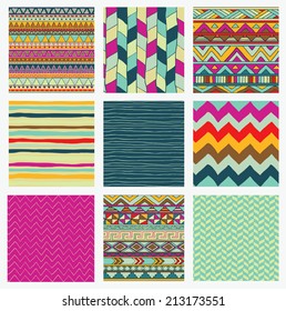 Set of 9 Hand Drawn Aztec Tribal Seamless Colorful Background Patterns. with Pattern Swatches