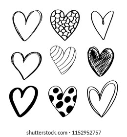 Set of 9 hand drawn brush hearts.Handdrawn rough marker hearts isolated on white background. Vector illustration for your graphic design. 