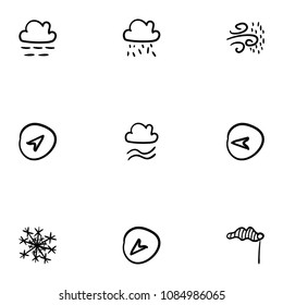 Set of 9 hand drawn cartoon weather icon set on white background