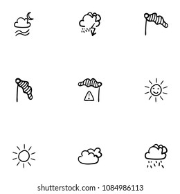Set of 9 hand drawn cartoon weather icon set on white background