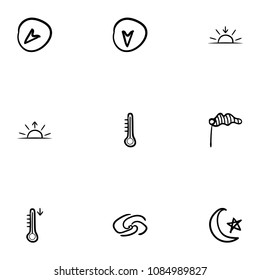 Set of 9 hand drawn cartoon weather icon set on white background