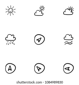 Set of 9 hand drawn cartoon weather icon set on white background