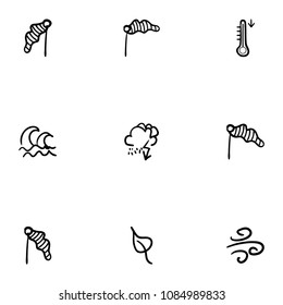 Set of 9 hand drawn cartoon weather icon set on white background