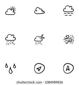 Set of 9 hand drawn cartoon weather icon set on white background