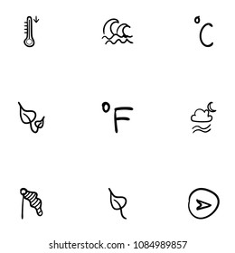 Set of 9 hand drawn cartoon weather icon set on white background