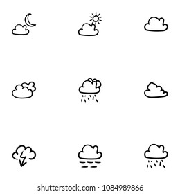 Set of 9 hand drawn cartoon weather icon set on white background
