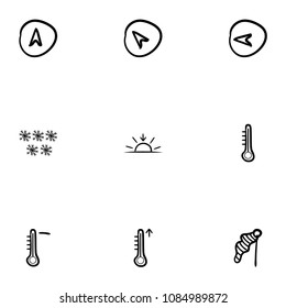 Set of 9 hand drawn cartoon weather icon set on white background