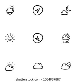 Set of 9 hand drawn cartoon weather icon set on white background