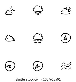 Set of 9 hand drawn cartoon weather icon set on white background