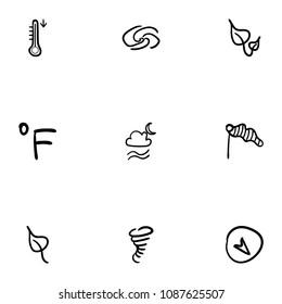 Set of 9 hand drawn cartoon weather icon set on white background