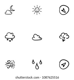 Set of 9 hand drawn cartoon weather icon set on white background