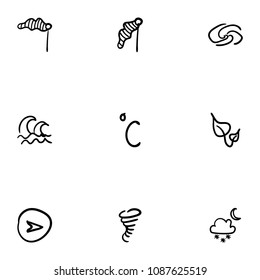 Set of 9 hand drawn cartoon weather icon set on white background