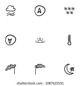 Set of 9 hand drawn cartoon weather icon set on white background