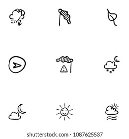 Set of 9 hand drawn cartoon weather icon set on white background