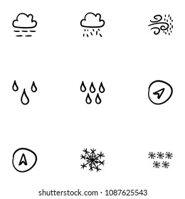 Set of 9 hand drawn cartoon weather icon set on white background