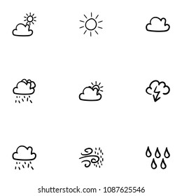Set of 9 hand drawn cartoon weather icon set on white background
