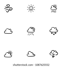 Set of 9 hand drawn cartoon weather icon set on white background
