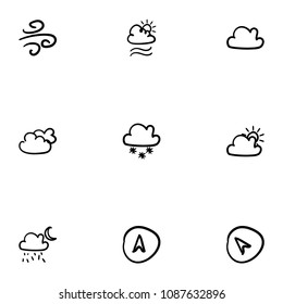 Set of 9 hand drawn cartoon weather icon set on white background