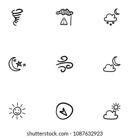 Set of 9 hand drawn cartoon weather icon set on white background
