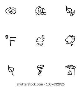 Set of 9 hand drawn cartoon weather icon set on white background