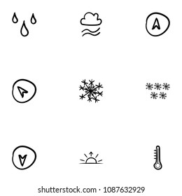 Set of 9 hand drawn cartoon weather icon set on white background