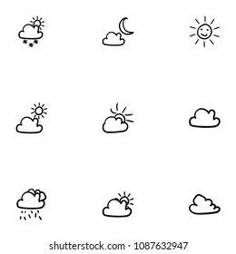 Set of 9 hand drawn cartoon weather icon set on white background