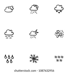 Set of 9 hand drawn cartoon weather icon set on white background
