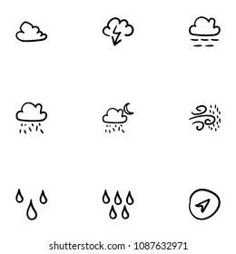 Set of 9 hand drawn cartoon weather icon set on white background