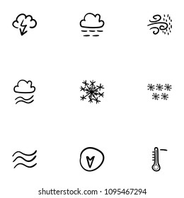 Set of 9 hand drawn cartoon weather icon set on white background