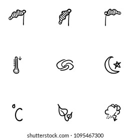 Set of 9 hand drawn cartoon weather icon set on white background