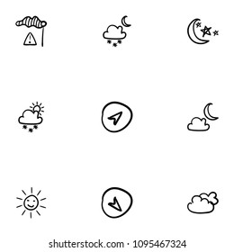Set of 9 hand drawn cartoon weather icon set on white background
