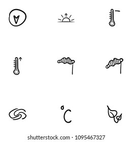 Set of 9 hand drawn cartoon weather icon set on white background