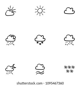 Set of 9 hand drawn cartoon weather icon set on white background