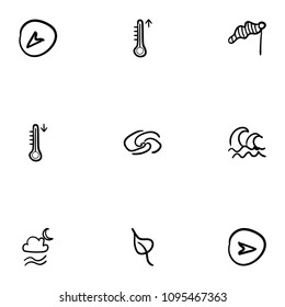 Set of 9 hand drawn cartoon weather icon set on white background