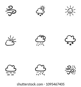 Set of 9 hand drawn cartoon weather icon set on white background