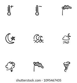 Set of 9 hand drawn cartoon weather icon set on white background