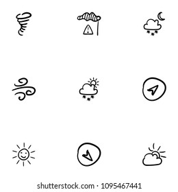 Set of 9 hand drawn cartoon weather icon set on white background