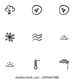 Set of 9 hand drawn cartoon weather icon set on white background