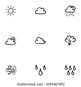 Set of 9 hand drawn cartoon weather icon set on white background