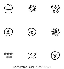 Set of 9 hand drawn cartoon weather icon set on white background