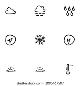 Set of 9 hand drawn cartoon weather icon set on white background
