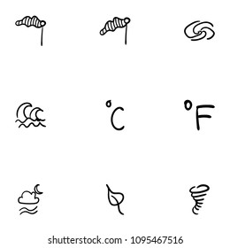 Set of 9 hand drawn cartoon weather icon set on white background