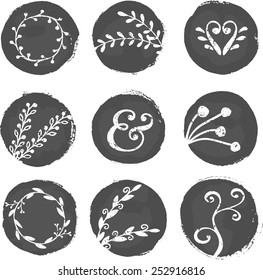 A set of 9 hand drawn chalkboard circles with decorative elements isolated on white.