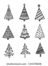 Set of 9 hand drawn Christmas trees