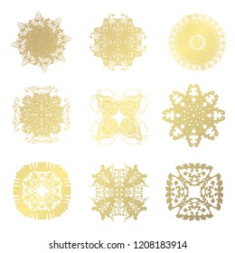 Set of 9 hand drawn decorative golden snowflakes, design elements. Christmas and New Year background. Winter theme