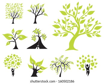 set of 9 hand drawn decorative green trees for your design