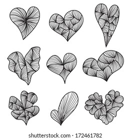set of 9 hand drawn decorative hearts, design elements