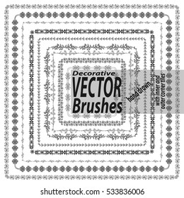 Set of 9 hand drawn decorative vector brushes with inner and outer corner tiles. Dividers, borders, ornaments.