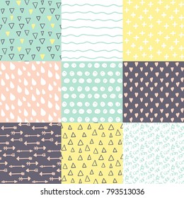 Set with 9 hand drawn doodle brightly colors seamless patterns. Simple texture for background, wallpaper, fabric or a wrapping paper