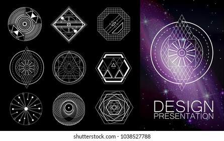 Set of 9 hand drawn geometric sacred ornaments. Creative mystic space galaxy design for poster textile. Can be used on t-shirts, tatoo, flyers, banners or web. Vector illustration. EPS 10.